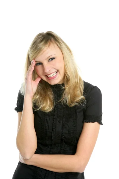 Blonďatá moderátorka úsměvem izolované na bílém — Stock fotografie