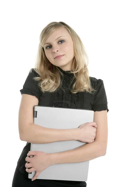 Blonďatá moderátorka držení notebooku — Stock fotografie