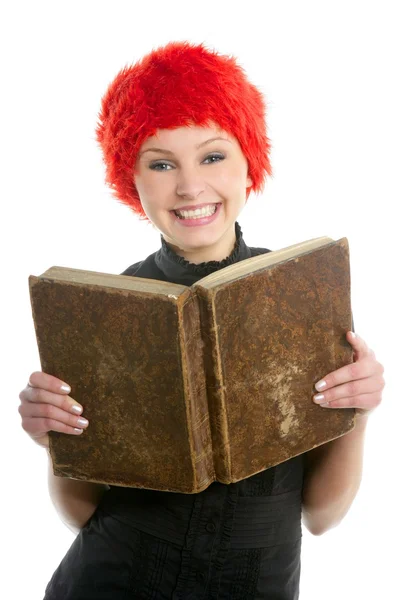 Ευτυχής αστεία φοιτητής όμορφο κορίτσι με το παλιό βιβλίο — Φωτογραφία Αρχείου