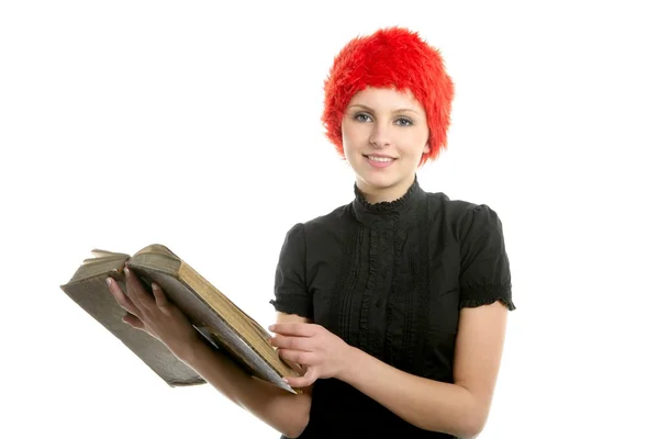 Glad rolig student vacker flicka med gammal bok — Stockfoto