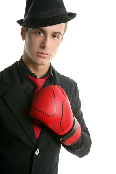Hombre de negocios whit guante de boxeador rojo y sombrero — Foto de Stock