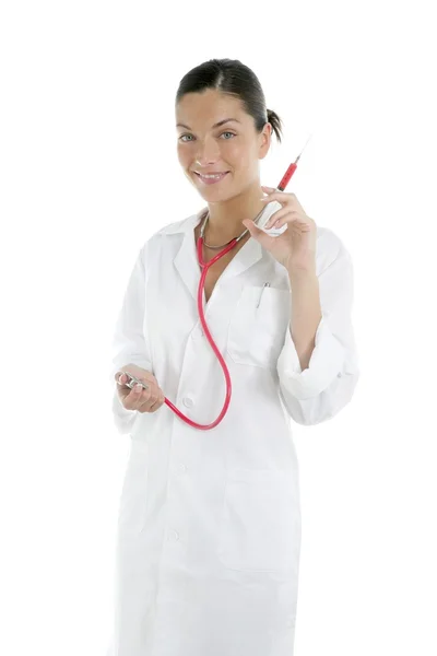 Όμορφη γυναίκα γιατρό με κόκκινο σύριγγα — Φωτογραφία Αρχείου