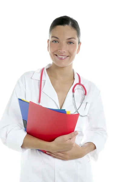 Krásná žena doktor s barevnými složkami — Stock fotografie