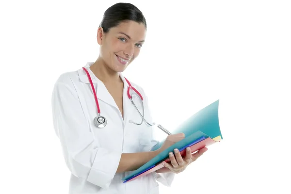 Piękna kobieta lekarz z kolorowe foldery — Zdjęcie stockowe