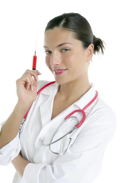 Güzel bir kadın doktor Kırmızı şırınga ile — Stok fotoğraf