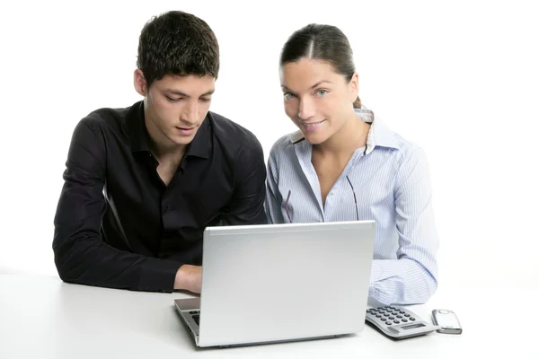 Young couple teamwork cooperation with laptop — Stock Photo, Image