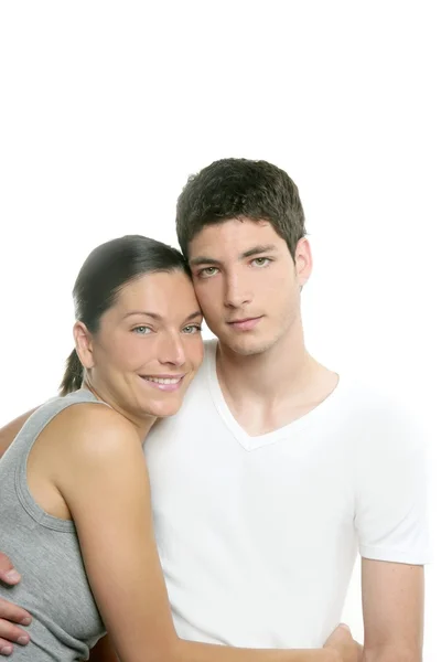 Hermosa joven fresca pareja moderna abrazo en blanco —  Fotos de Stock