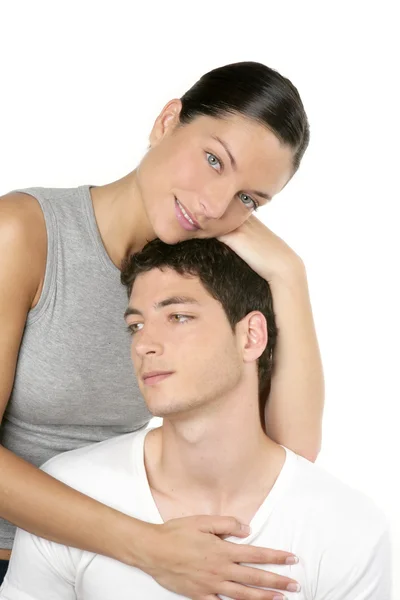 Schöne junge frische moderne Paar Umarmung auf weiß — Stockfoto