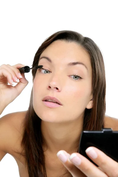 Belo retrato de mulher maquiagem com escova — Fotografia de Stock