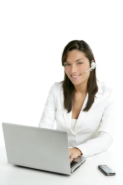 Słuchawki telefonu biznes kobieta sukienka w kolorze białym — Zdjęcie stockowe