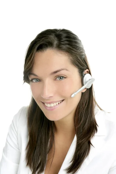 Beautiful headset businesswoman portrait in white — Stock Photo, Image