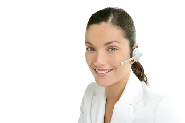 Sluchátka telefonu podnikání žena šaty v bílé barvě — Stock fotografie