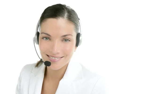 Headset phone business woman dress in white — Stock Photo, Image