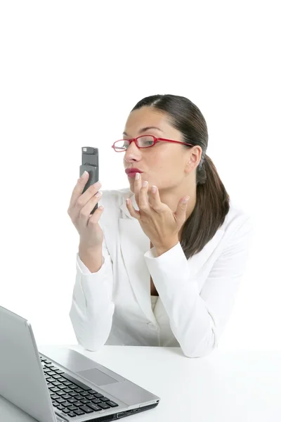 Businesswoman with lipstick and mobile phone — Stock Photo, Image