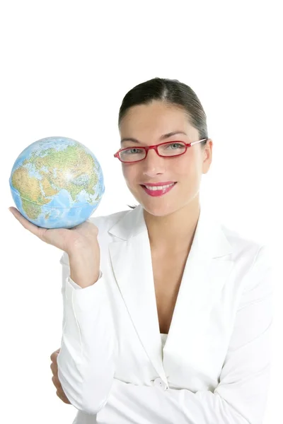 Blå global världskarta i affärskvinna händer — Stockfoto