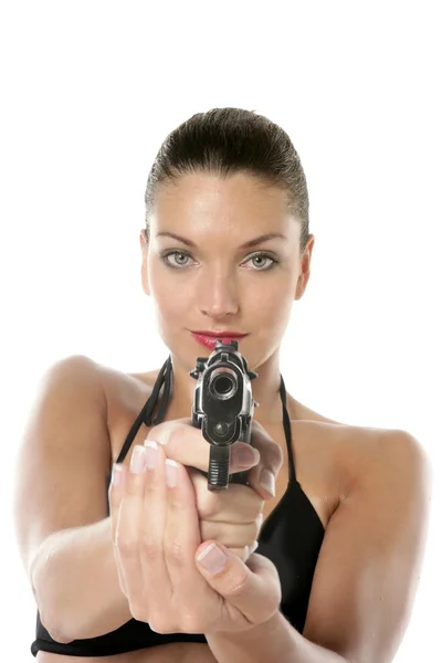 Schöne sexy Bikini-Frau mit schwarzer Pistole — Stockfoto