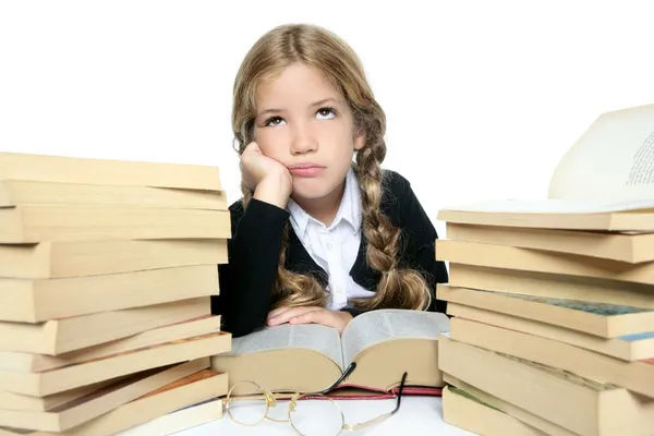 Little unhappy sad student blond braided girl bored with stacked — Stock Photo, Image