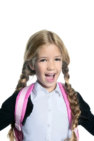 Niña rubia de la escuela con retrato de mochila en blanco — Foto de Stock