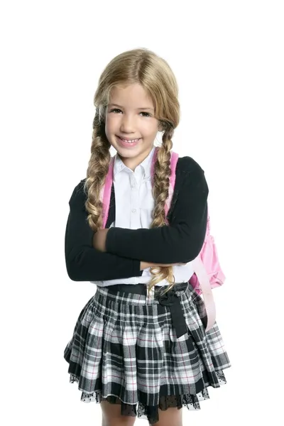 Kleines blondes Schulmädchen mit Rucksack Porträt — Stockfoto