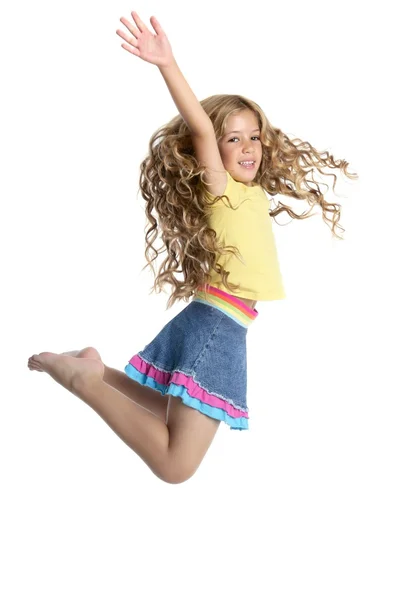 Little beautiful girl fly jumping isolated on white — Stock Photo, Image
