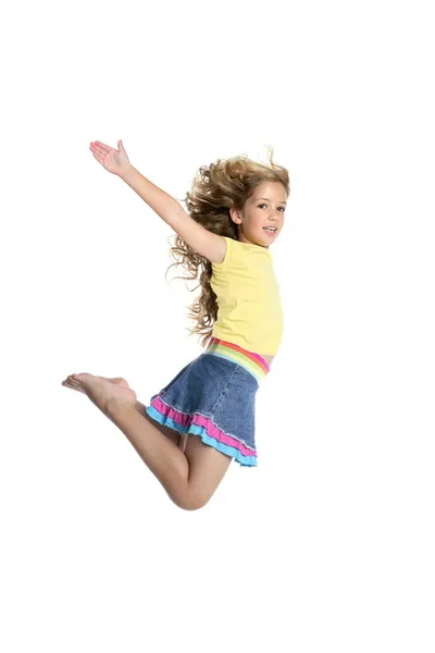 Little beautiful girl fly jumping isolated on white — Stock Photo, Image