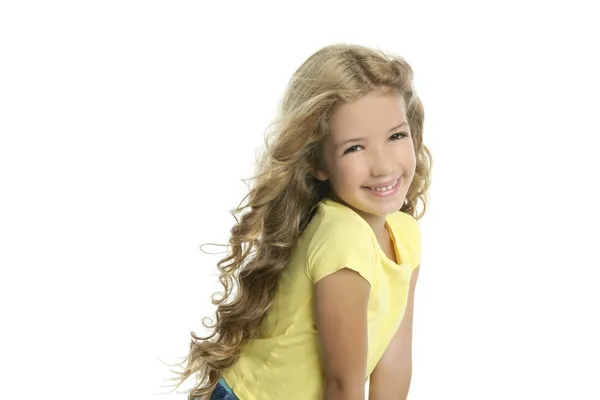 Little blond girl smiling portrait yellow tshirt isolated on whi — Stock Photo, Image