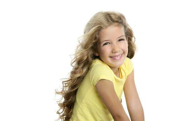 Little blond girl smiling portrait yellow tshirt — Stock Photo, Image