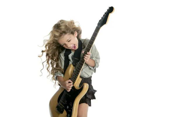 Little blond girl playing electric guitar hardcore wind hair — Stock Photo, Image