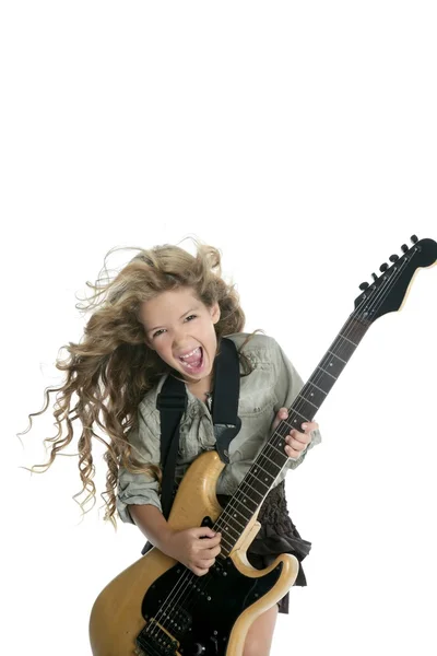 Pequeña chica rubia tocando guitarra eléctrica duro viento pelo —  Fotos de Stock