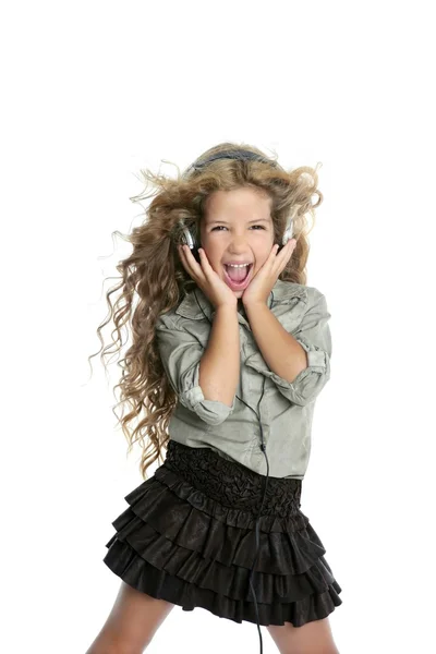 Kis szőke lány fejhallgató zene ének tánc — Stock Fotó
