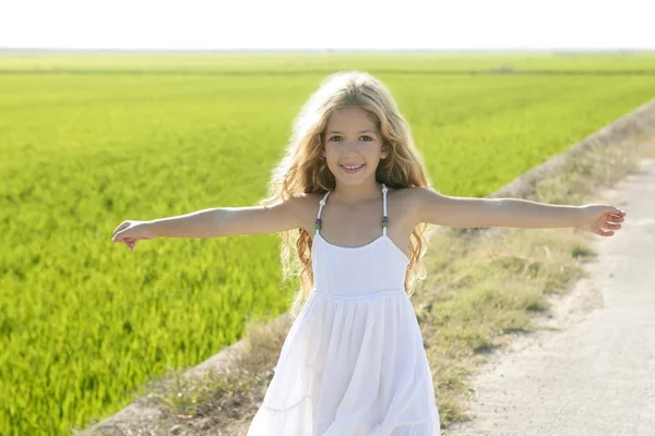 小さな幸せな女の子の牧草地の田んぼの追跡の腕を開く — ストック写真