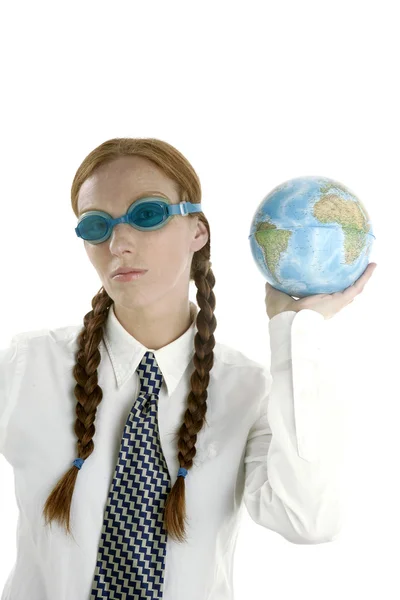 Business woman, googles and world map — Stock Photo, Image