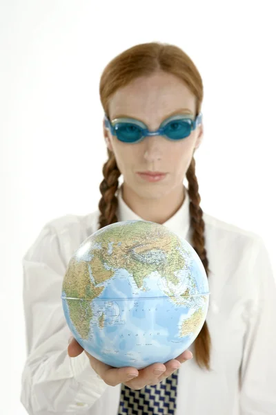 Business woman, googles and world map — Stock Photo, Image