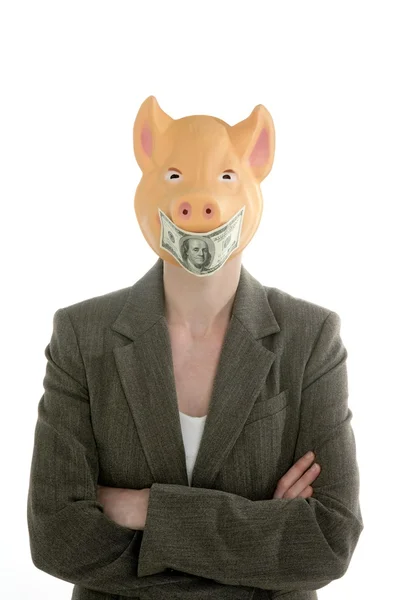Woman with swine face, dollar note mask — Stock Photo, Image