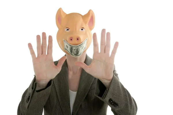 Жінка з свинячим обличчям, маска доларової ноти — стокове фото