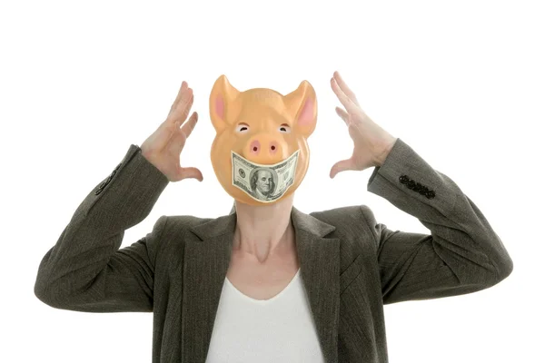 stock image Woman with swine face, dollar note mask