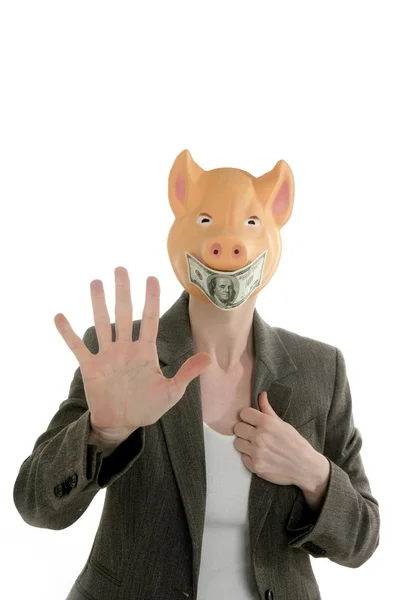 Kvinna med svin ansikte, dollar notera mask — Stockfoto