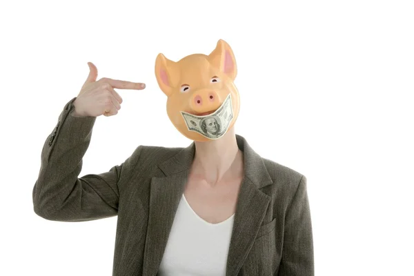 Žena s tváří prasat, dolar Poznámka masky — Stock fotografie