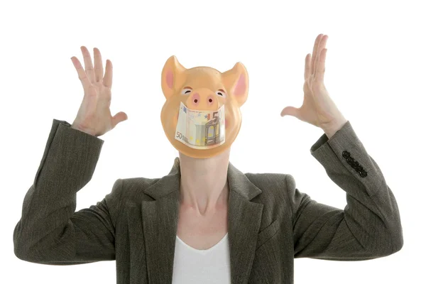 Mujer con cara de cerdo, Euro nota máscara —  Fotos de Stock