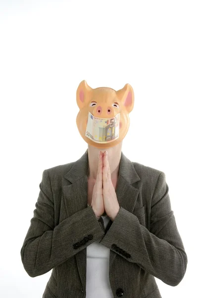 Woman with swine face, Euro note mask — Stock Photo, Image