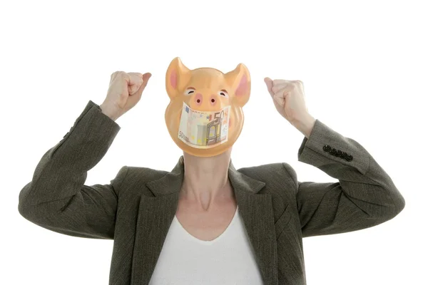 Mulher com rosto de porco, máscara de nota Euro — Fotografia de Stock