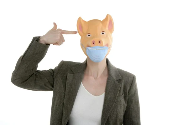 Metáfora da gripe suína, mulher com máscara piggy — Fotografia de Stock