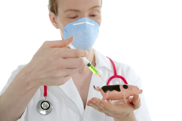 医生与流感疫苗注射器和玩具猪 — 图库照片
