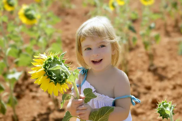 Gyönyörű kislány nyári napraforgó mező — Stock Fotó