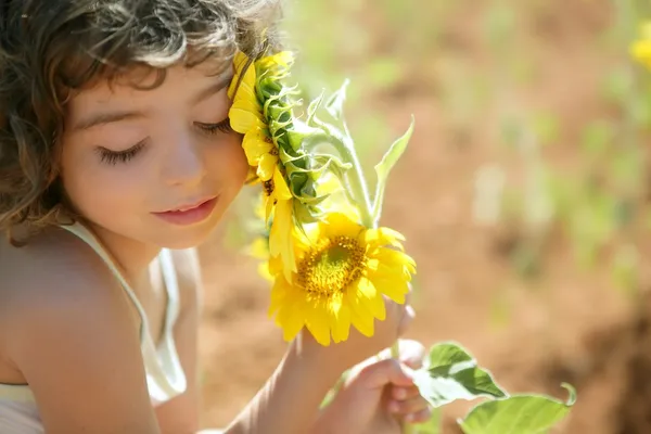Vacker liten flicka i ett sommaren solros fält — Stockfoto