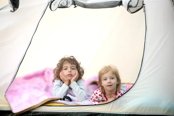 Camping tent vacation with two little girls — Stock Photo, Image