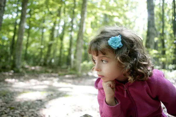 Αξιολάτρευτο κορίτσι καθίσει στο δάσος οξιών — Φωτογραφία Αρχείου