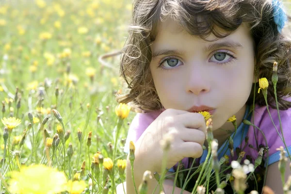 Adorable niña huele a flor en el prado —  Fotos de Stock