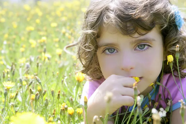 Adorable niña huele a flor en el prado —  Fotos de Stock