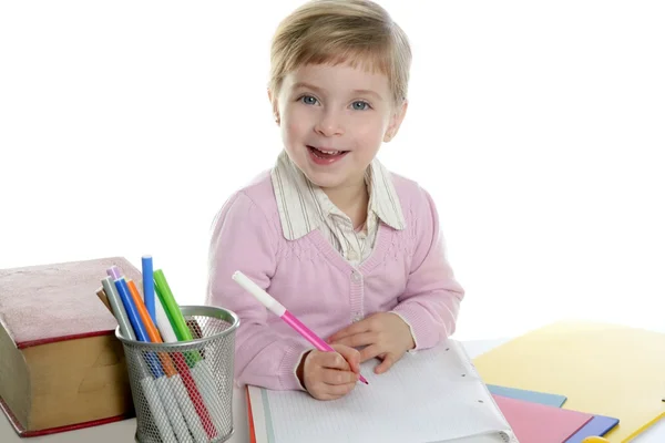 Kislány boldog diák a pult írás — Stock Fotó